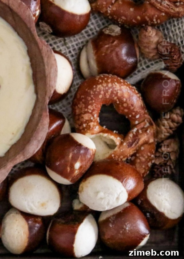 Pretzel dippers with creamy warm cheese dip for a delicious snack