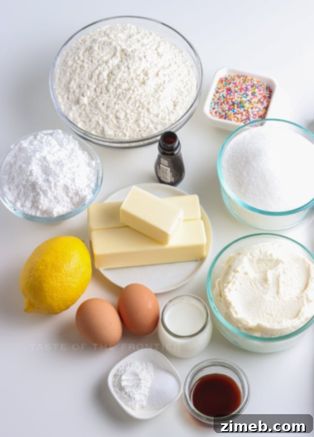 Melt-in-Your-Mouth Ricotta Delights 6 A colorful array of ingredients for Ricotta Cookies, including flour, sugar, eggs, lemon, and ricotta, ready for baking.