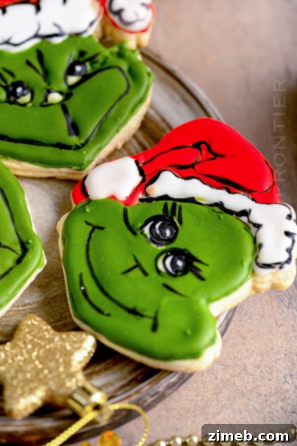 Grinch's Heart-Melting Cookies 4 Recipe for Grinch Cookies - Close up of decorated cookies.