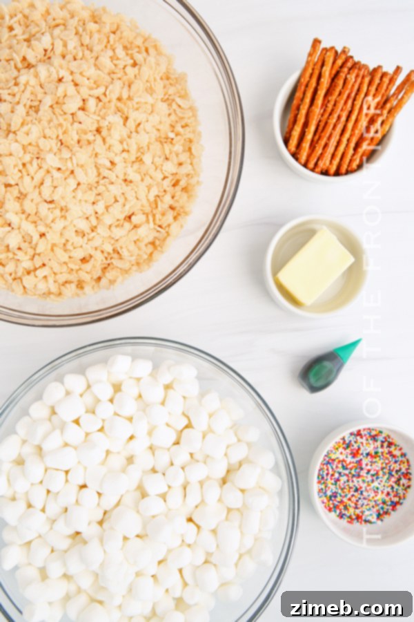 Yuletide Crispy Delights 4 Ingredients laid out for Christmas Rice Krispie Treats