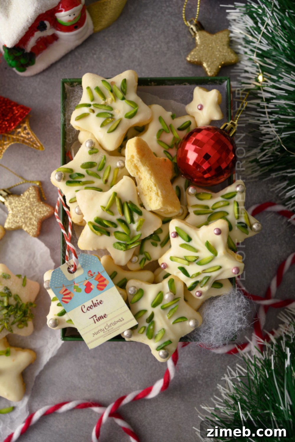 Close-up of freshly baked Pistachio Cookies, showcasing their buttery texture