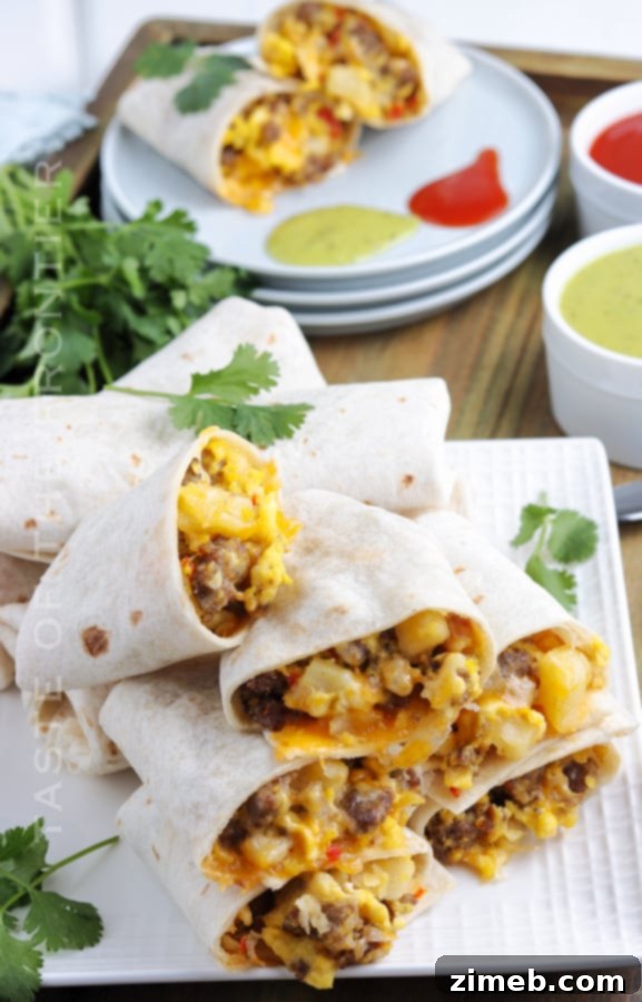 Sunrise Burrito Wraps 3 Close-up of a breakfast burrito, showcasing the hash browns and other fillings.