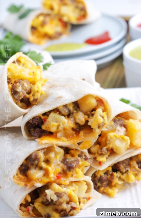 Sunrise Burrito Wraps 4 A generously loaded breakfast burrito, showcasing its hearty fillings.