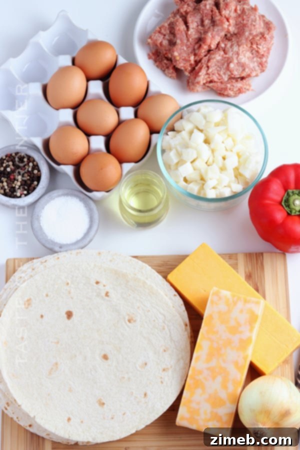 Sunrise Burrito Wraps 5 Fresh ingredients laid out for making breakfast burritos.