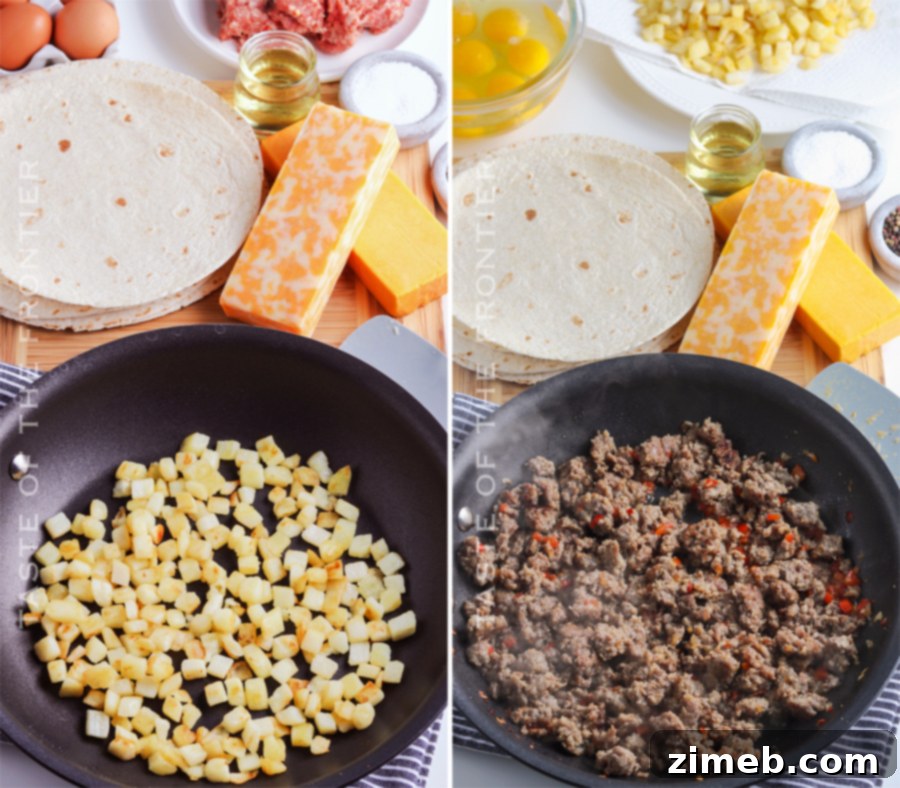 Sunrise Burrito Wraps 6 Step-by-step process of how to make breakfast burritos.