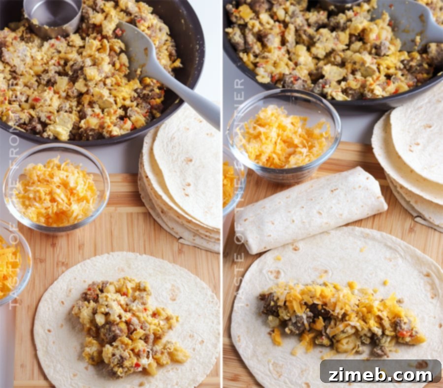 Sunrise Burrito Wraps 9 A visual guide on how to roll an egg and sausage breakfast wrap.