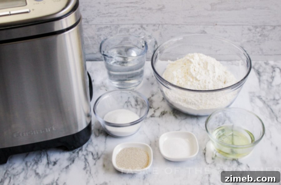 Perfect Bread Machine White Bread 5 Ingredients for Bread Machine White Bread laid out on a counter.