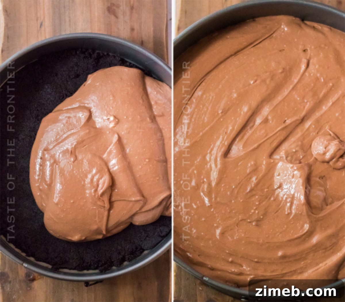 Making chocolate cheesecake with a swirl