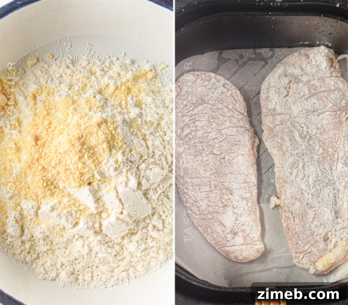 Dreamy Creamy Air Fryer Garlic Chicken 6 Air frying chicken breasts in the air fryer basket.