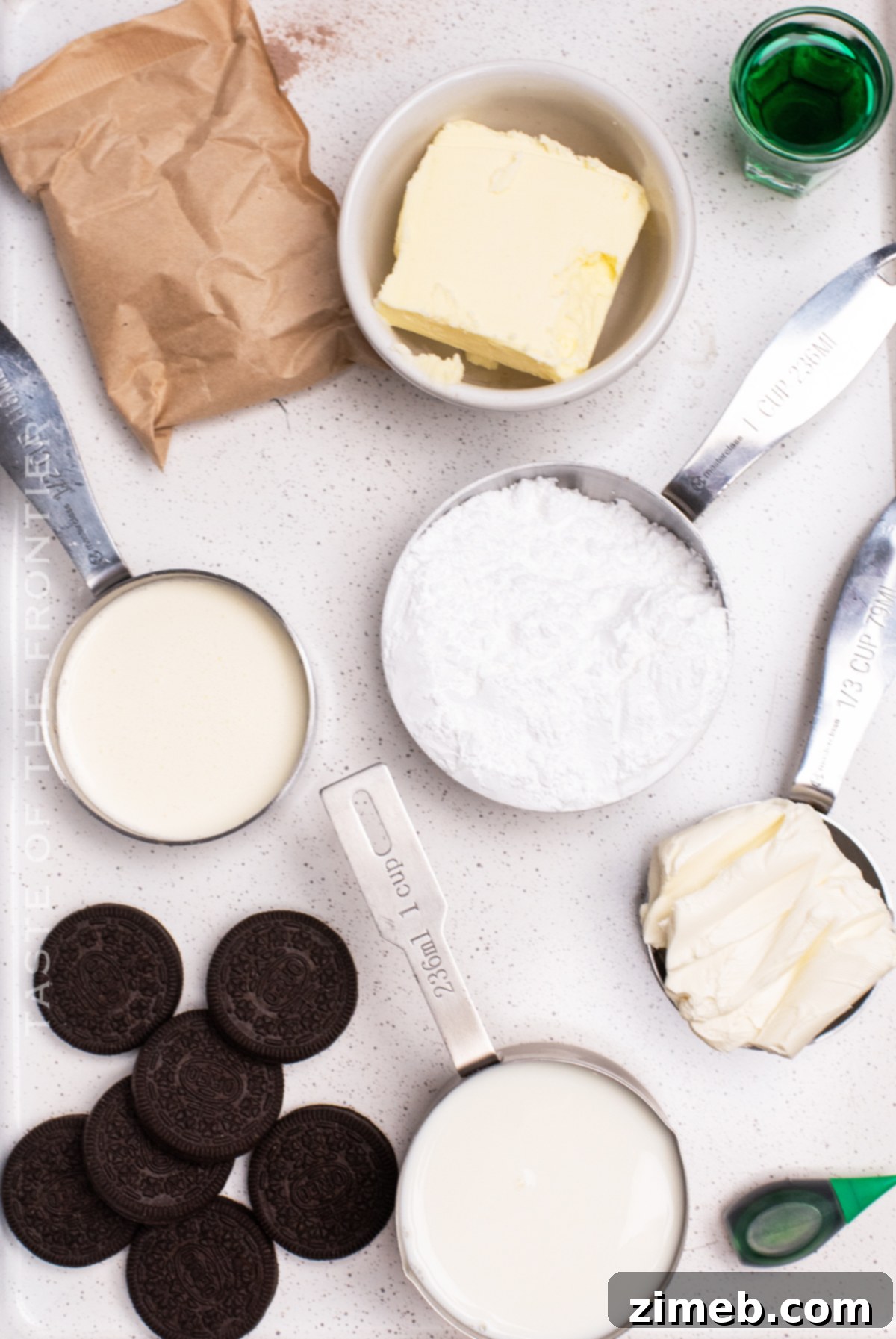 Mint Chocolate Indulgence 5 Ingredients laid out for No-Bake Chocolate Mint Lush Dessert preparation