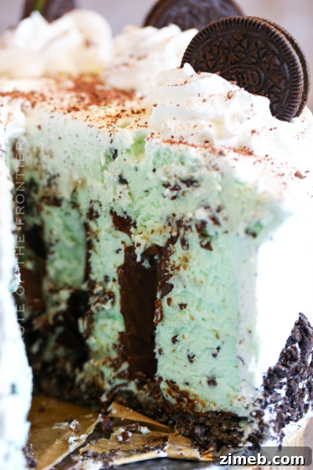 Refreshing Mint Chocolate Chip Ice Cream Cake 9 Inside of mint chocolate chip ice cream cake showing layers