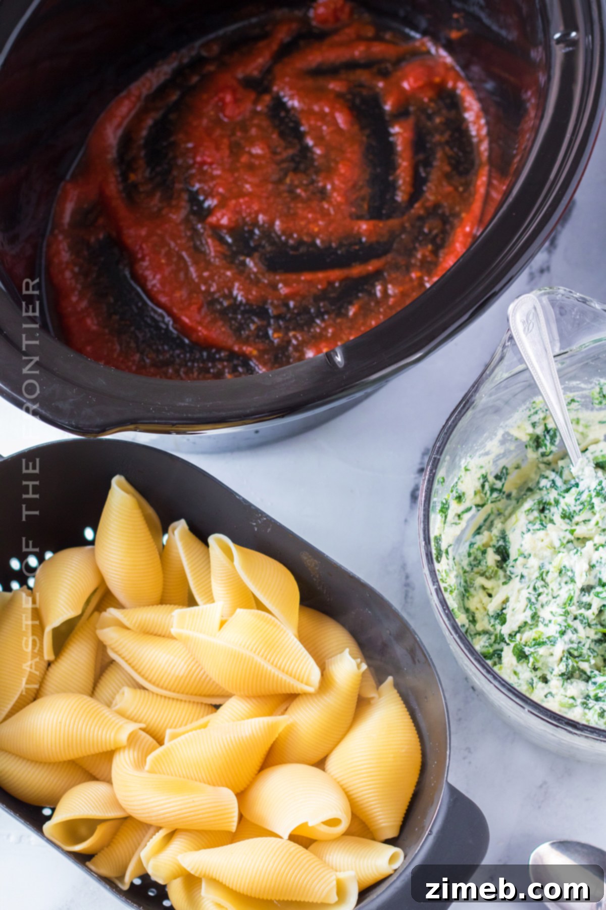 Set It and Forget It Stuffed Shells 5 How to make slow cooker stuffed shells, showing the assembly process