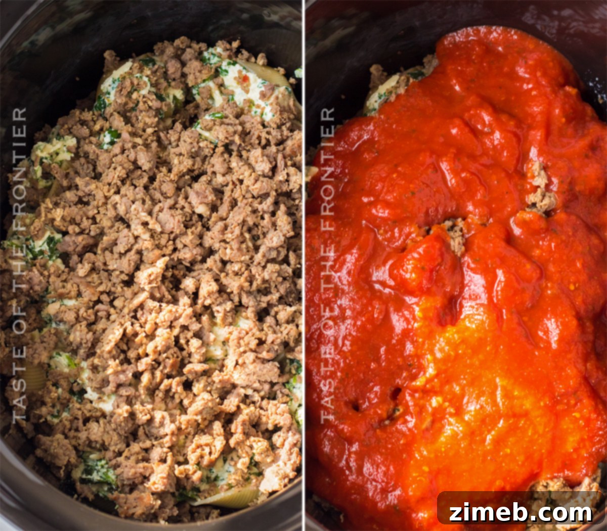 Set It and Forget It Stuffed Shells 7 Assembling stuffed shells in a slow cooker before cooking