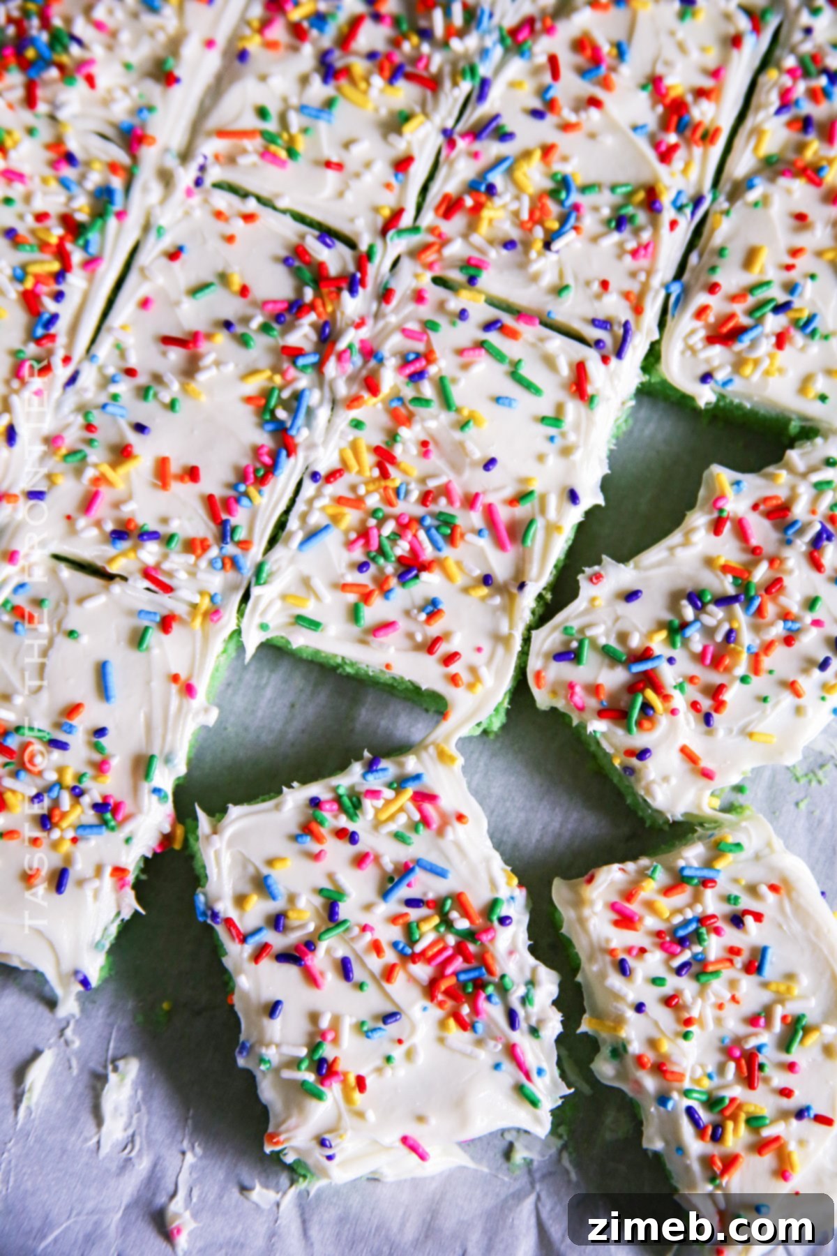 Lucky St Patricks Day Cake Mix Cookie Bars 21 Close-up of cake mix cookie bars with thick cream cheese frosting and rainbow sprinkles.