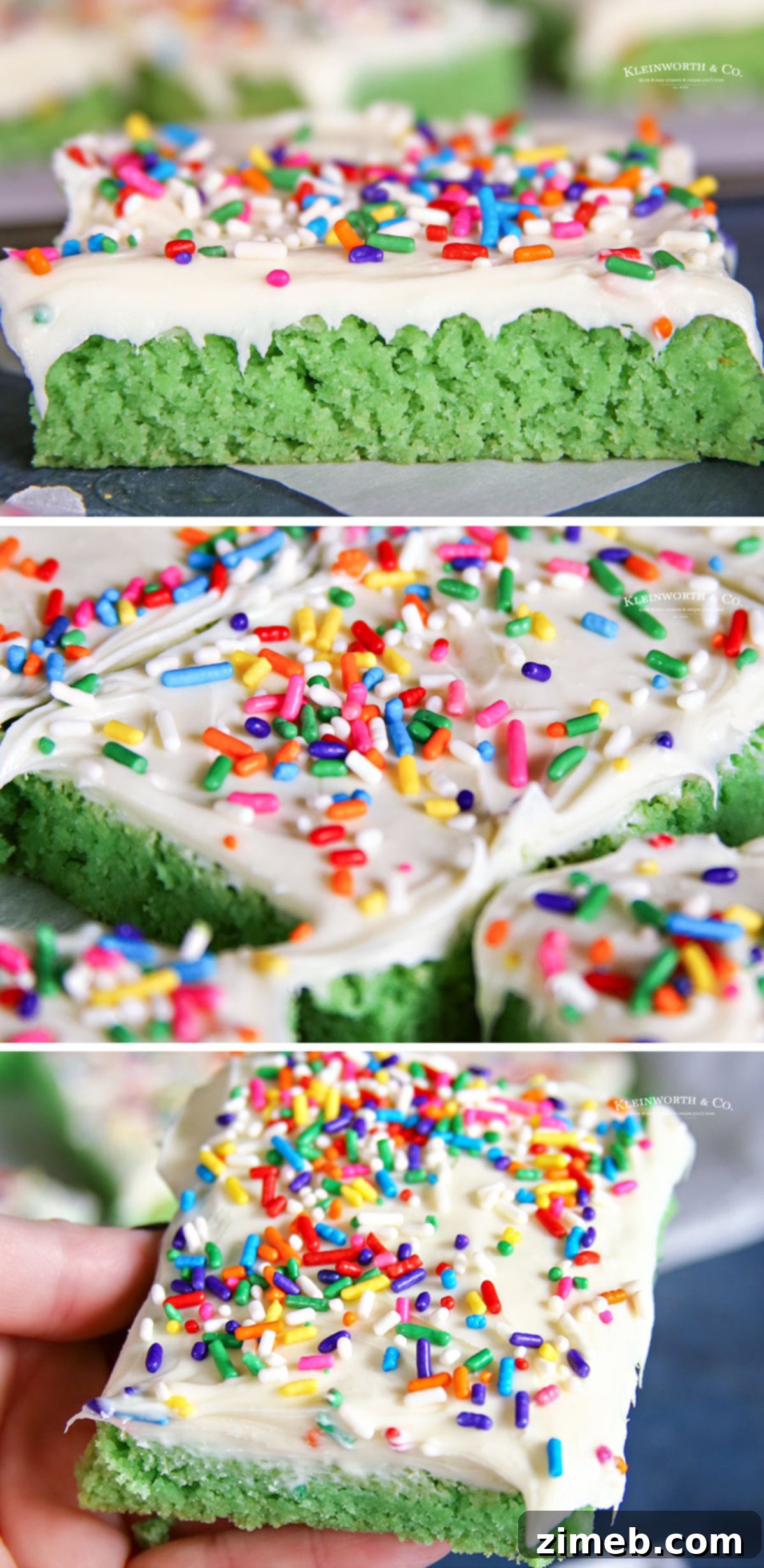 Lucky St Patricks Day Cake Mix Cookie Bars 6 Full batch of St. Patrick's Day Cake Mix Cookie Bars, garnished with rainbow sprinkles.