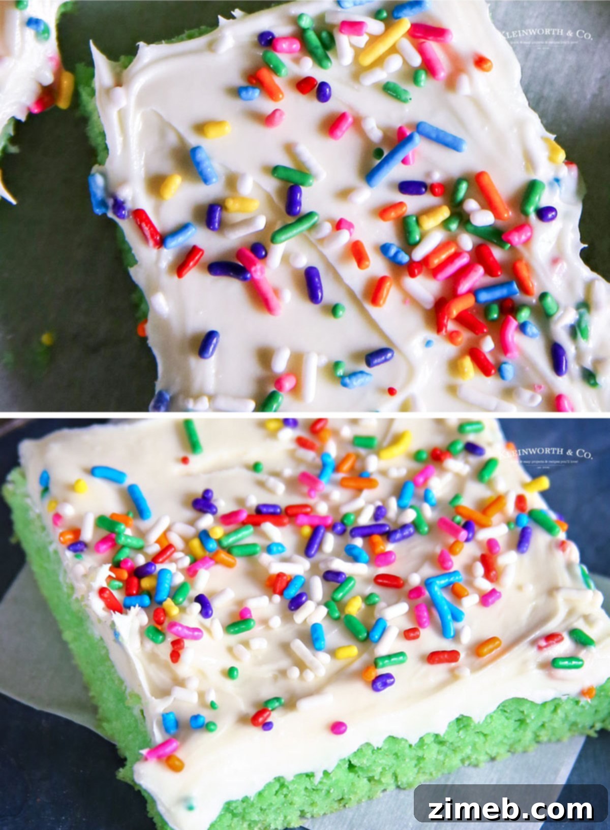 Lucky St Patricks Day Cake Mix Cookie Bars 7 Close-up of St. Patrick's Day Cake Mix Cookie Bars with rainbow sprinkles.