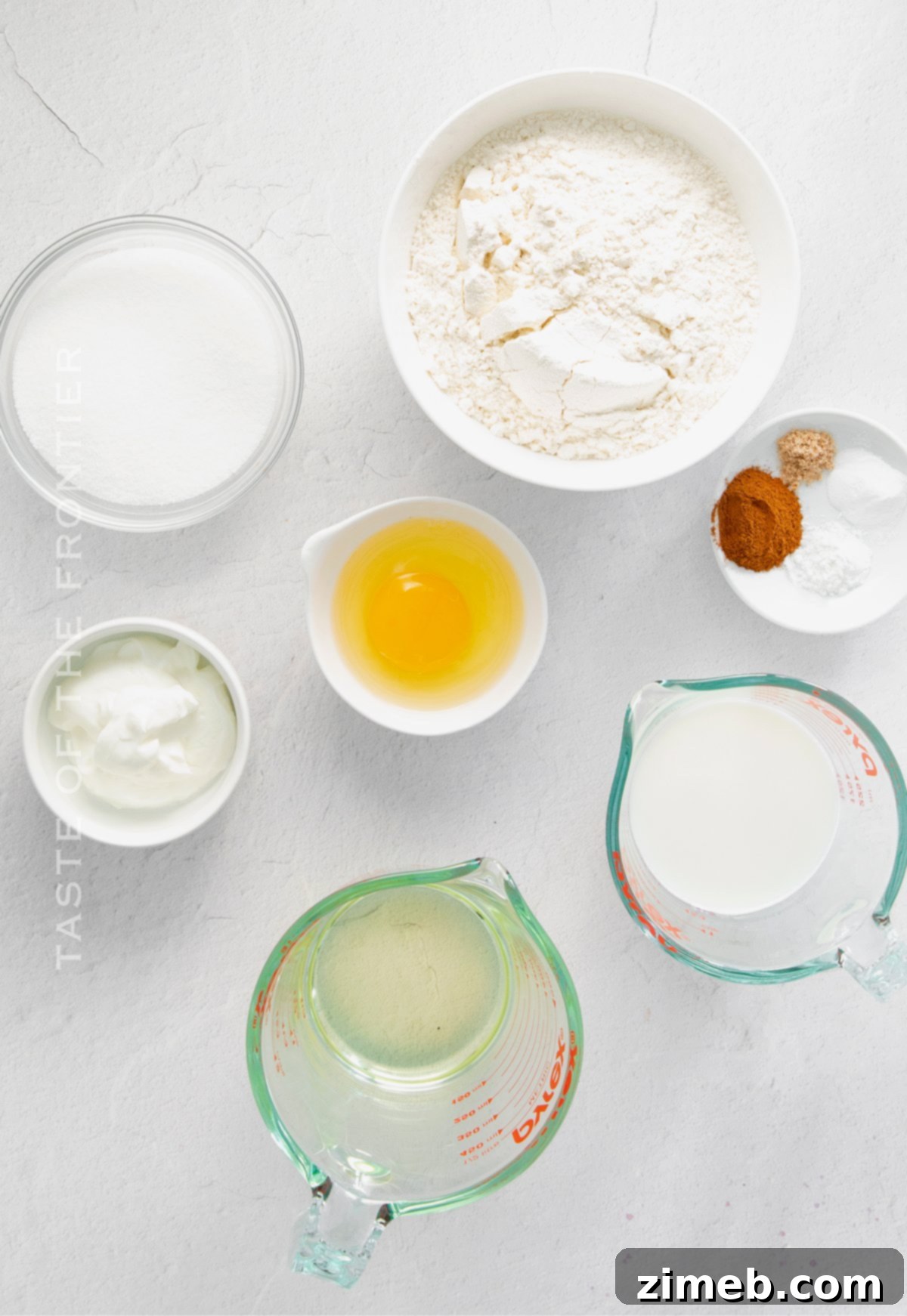 Cinnamon Crumb Muffins 5 Key ingredients laid out for making Coffee Cake Muffins