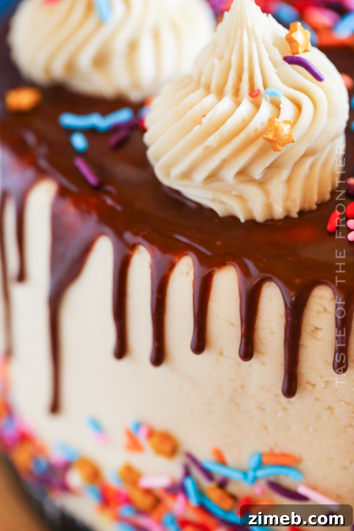 Detailed view on how to make chocolate drip on a cake for a perfect finish.