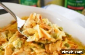 spoon serving chicken noodle casserole