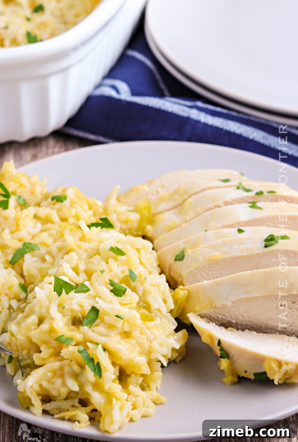 Creamy rice and chicken casserole, a delicious comfort food.