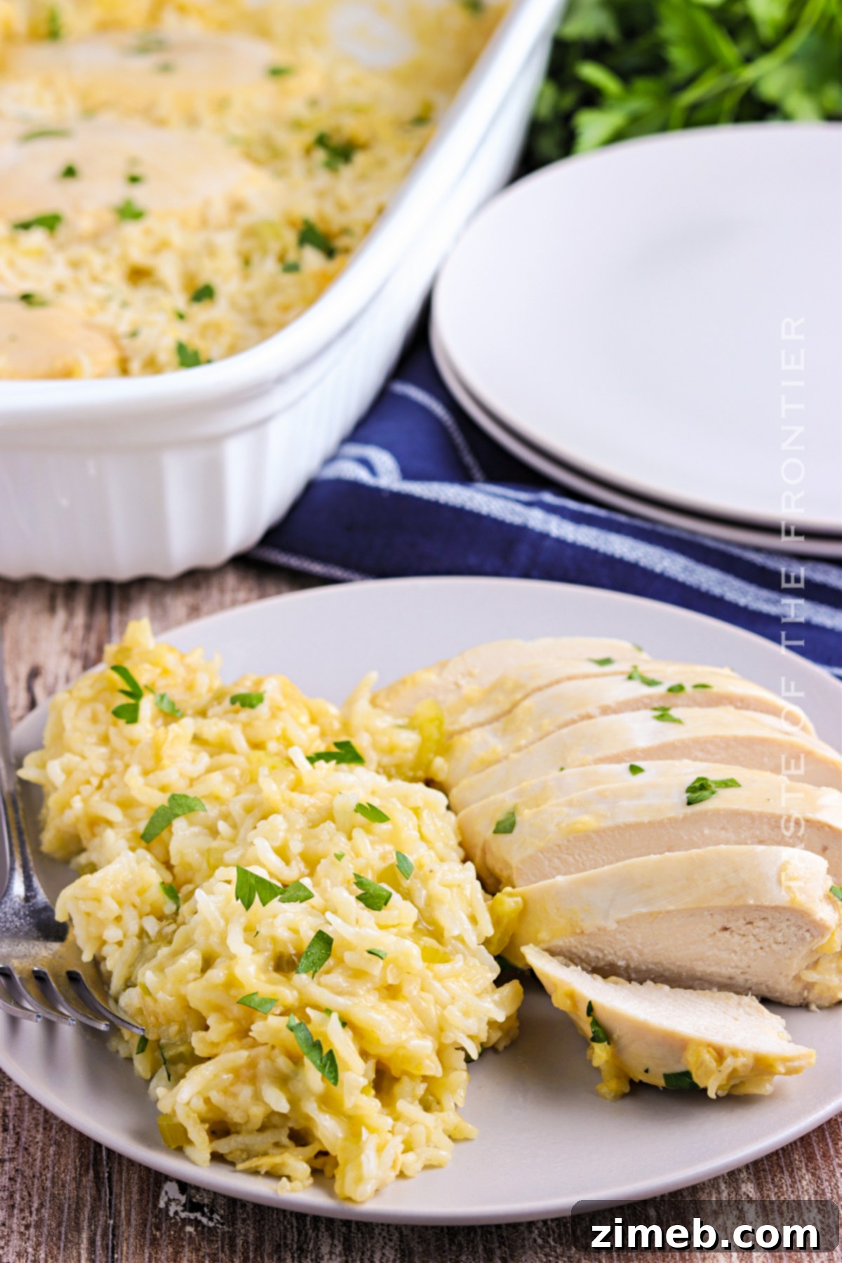 Tender chicken breast served with creamy rice.