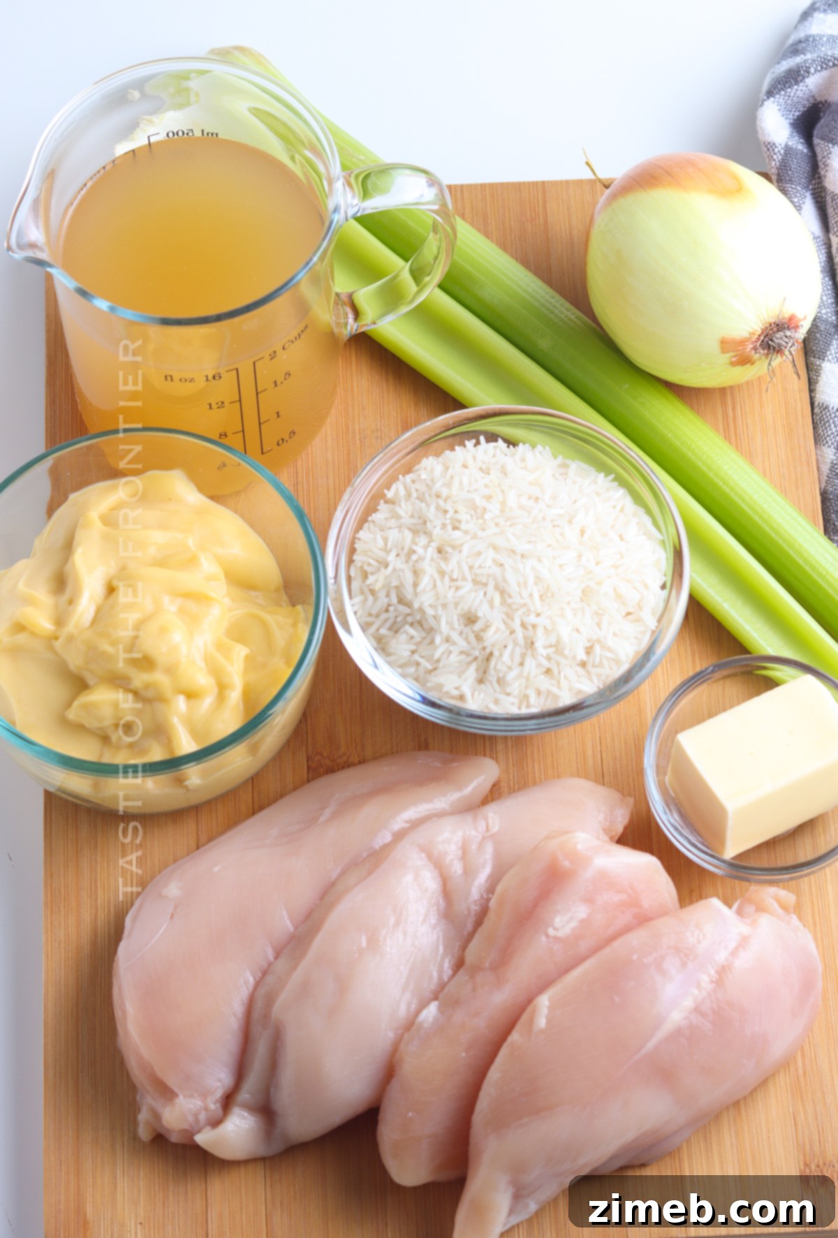 Fresh ingredients laid out for Chicken and Rice Casserole preparation.