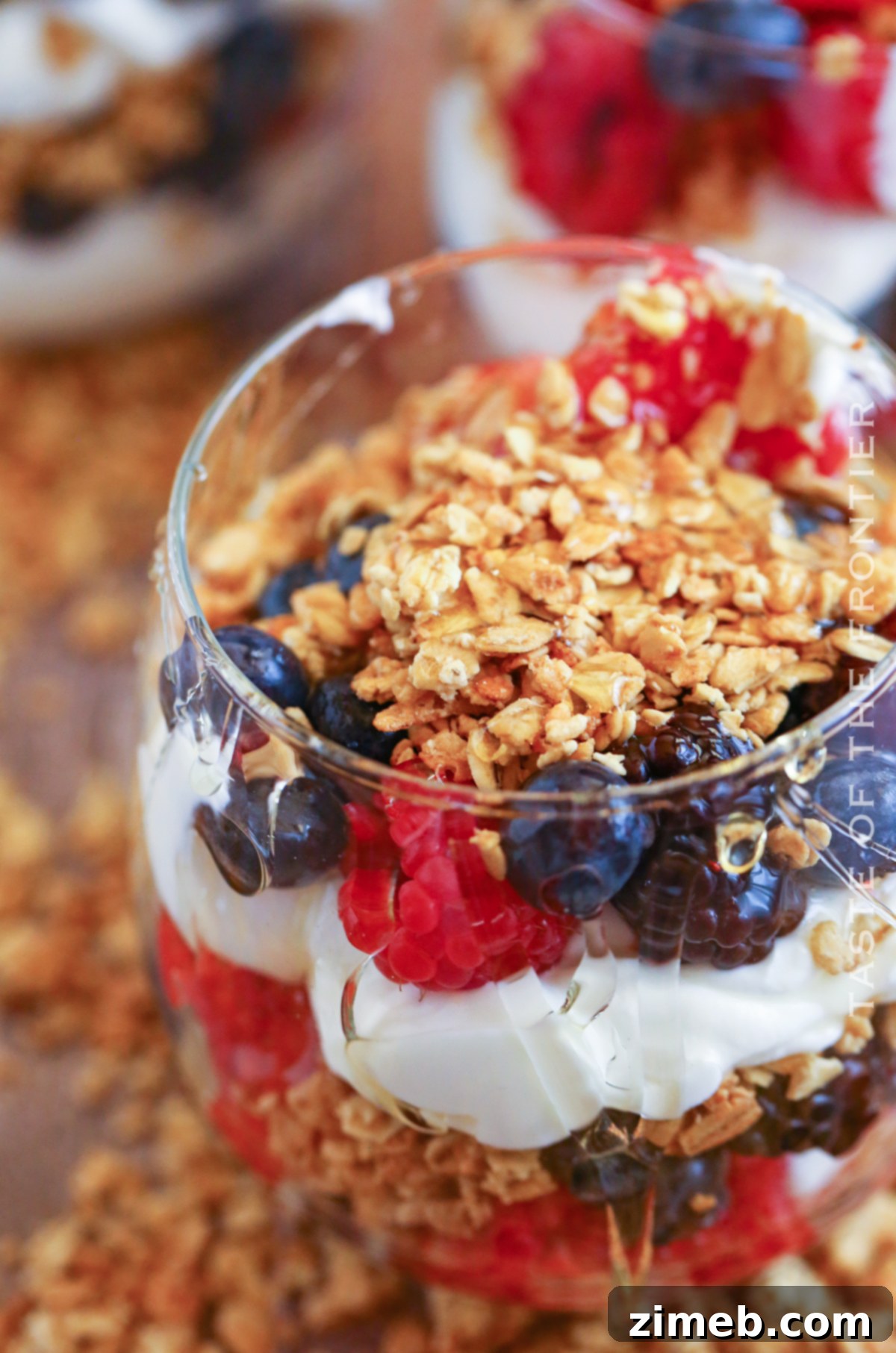 Premium Layered Dessert Glasses 3 A trio of patriotic Parfait Cups, ideal for a 4th of July breakfast or summer celebration.