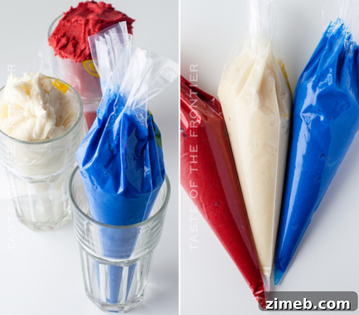 Patriotic Bites 11 Red white and blue frosting in piping bags.