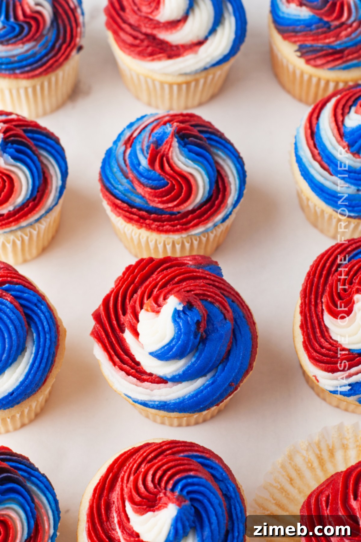 Patriotic Bites 3 4th of July Cupcakes with festive frosting.