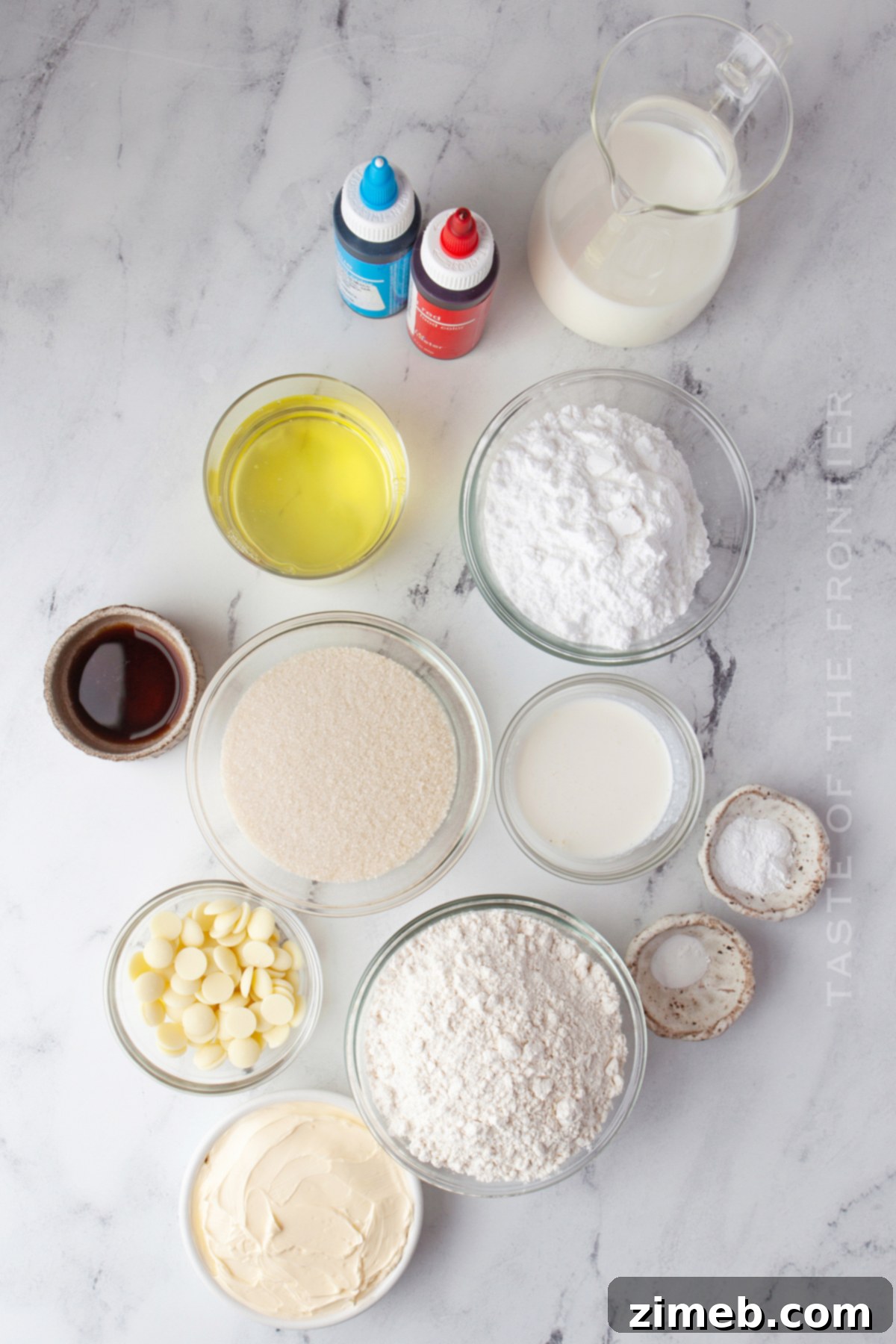 Patriotic Bites 5 Ingredients laid out for white chocolate cupcakes.