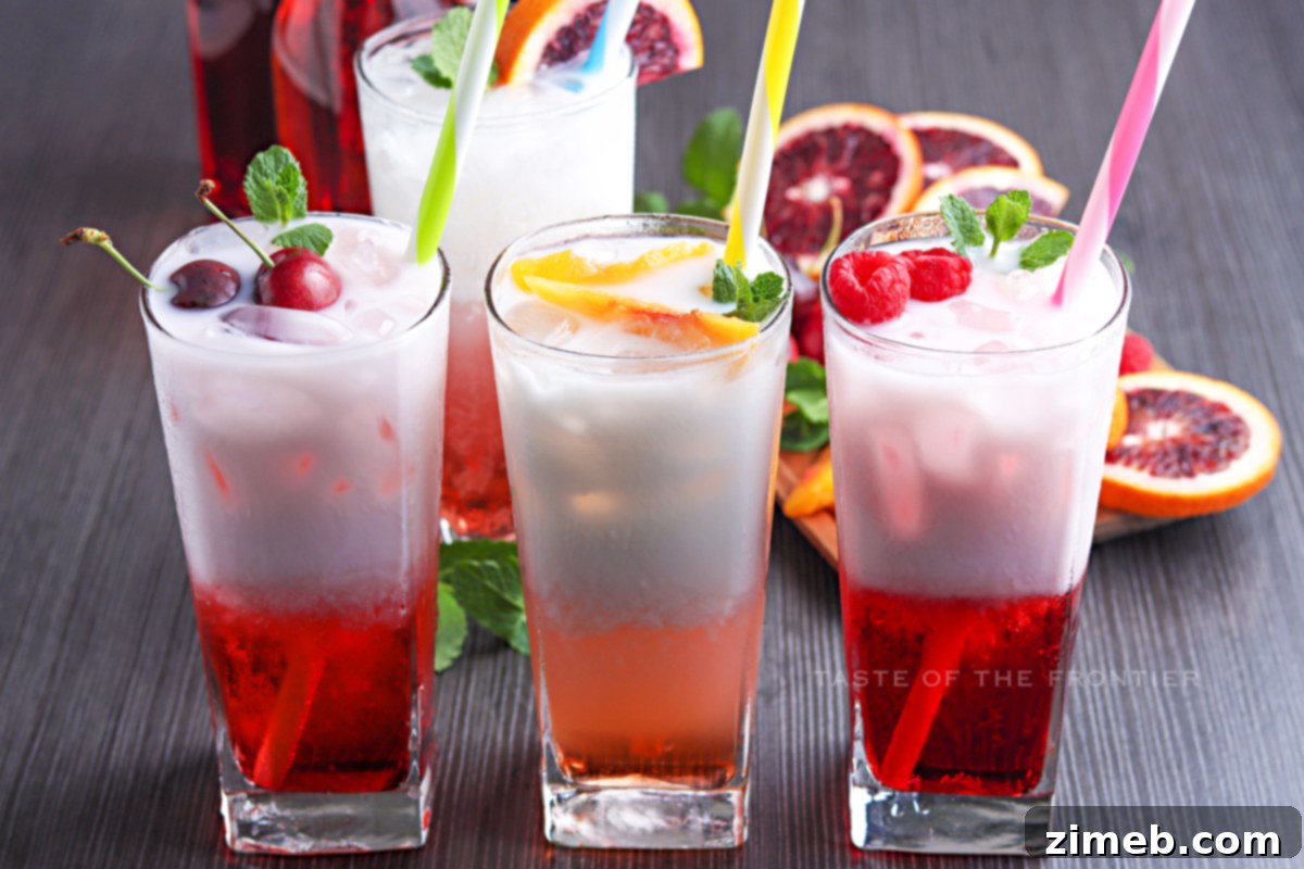 A vibrant, flavored soda drink with syrup and ice, awaiting the creamy half-and-half.