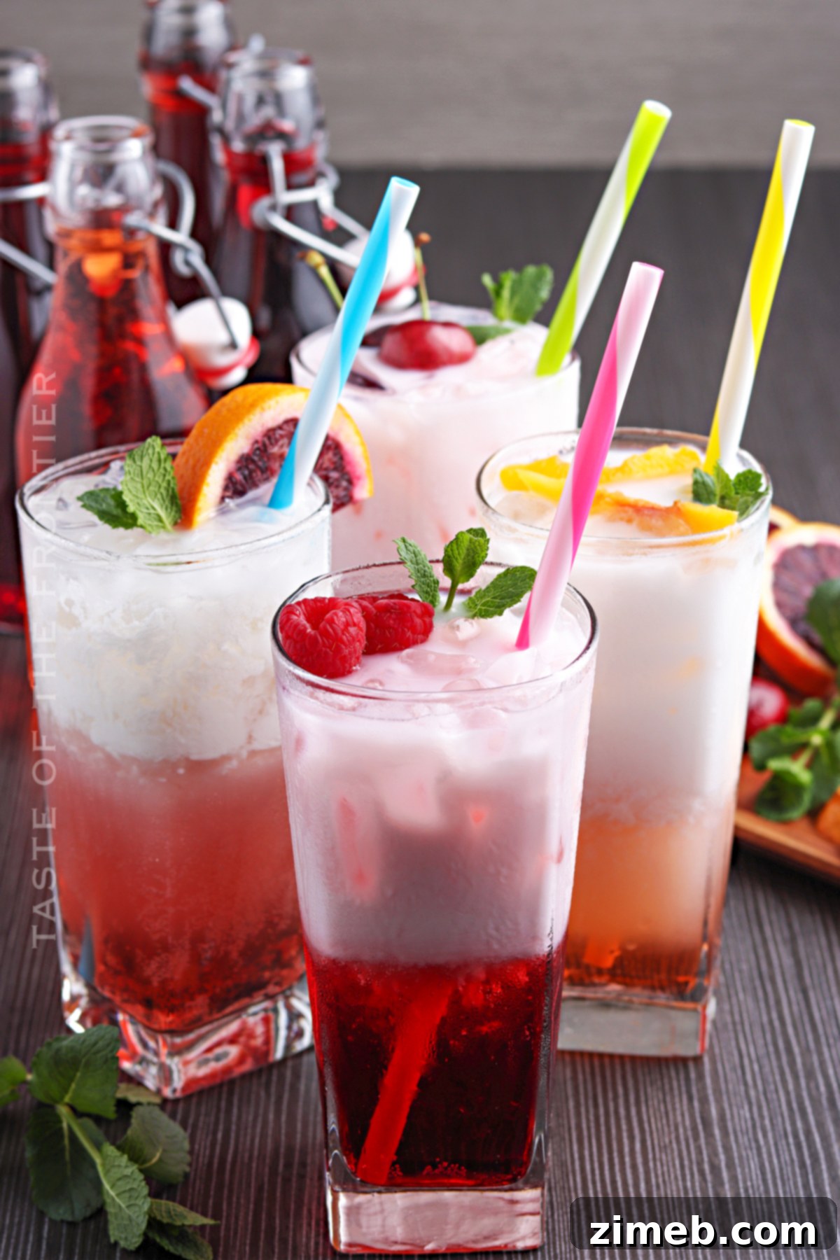 Ingredients assembled for a delicious recipe for Italian Cream Soda, including syrups, half-and-half, and club soda.