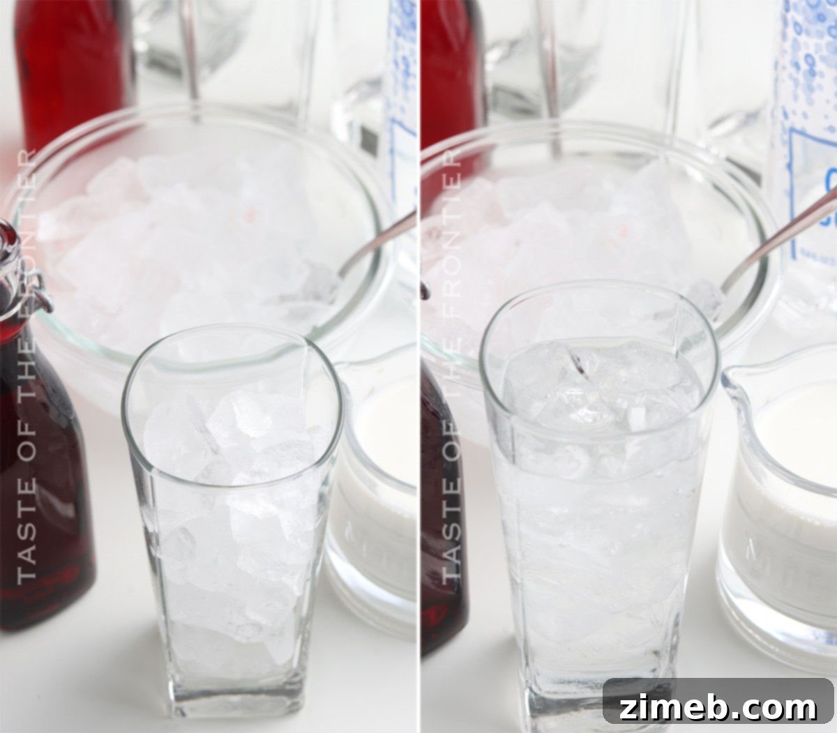 Step-by-step process showing how to make Italian Cream Soda, layering ingredients in a tall glass.