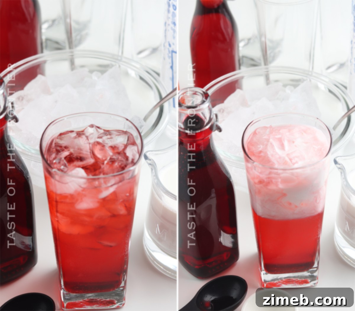 A hand mixing a homemade Italian Cream Soda in a tall glass, showcasing the creamy layers.