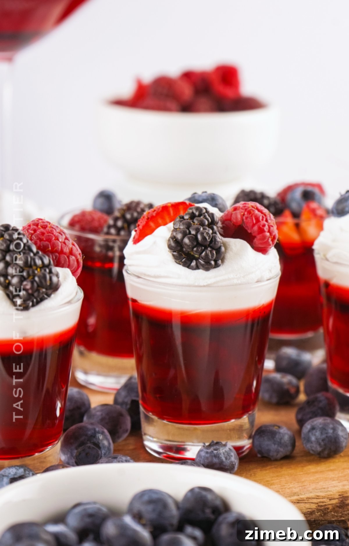 Red White And Boozy Jellies 10 Raspberry Jello Shots with fresh fruit garnish