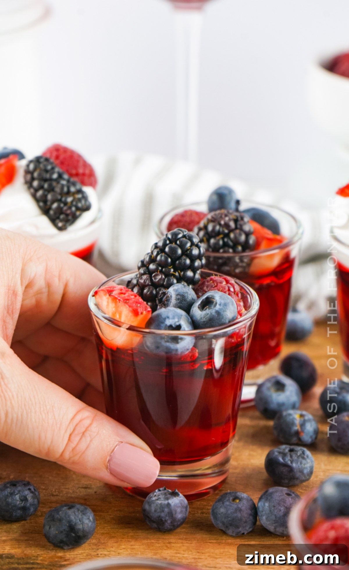 Red White And Boozy Jellies 11 Close-up of vibrant berry jello shots
