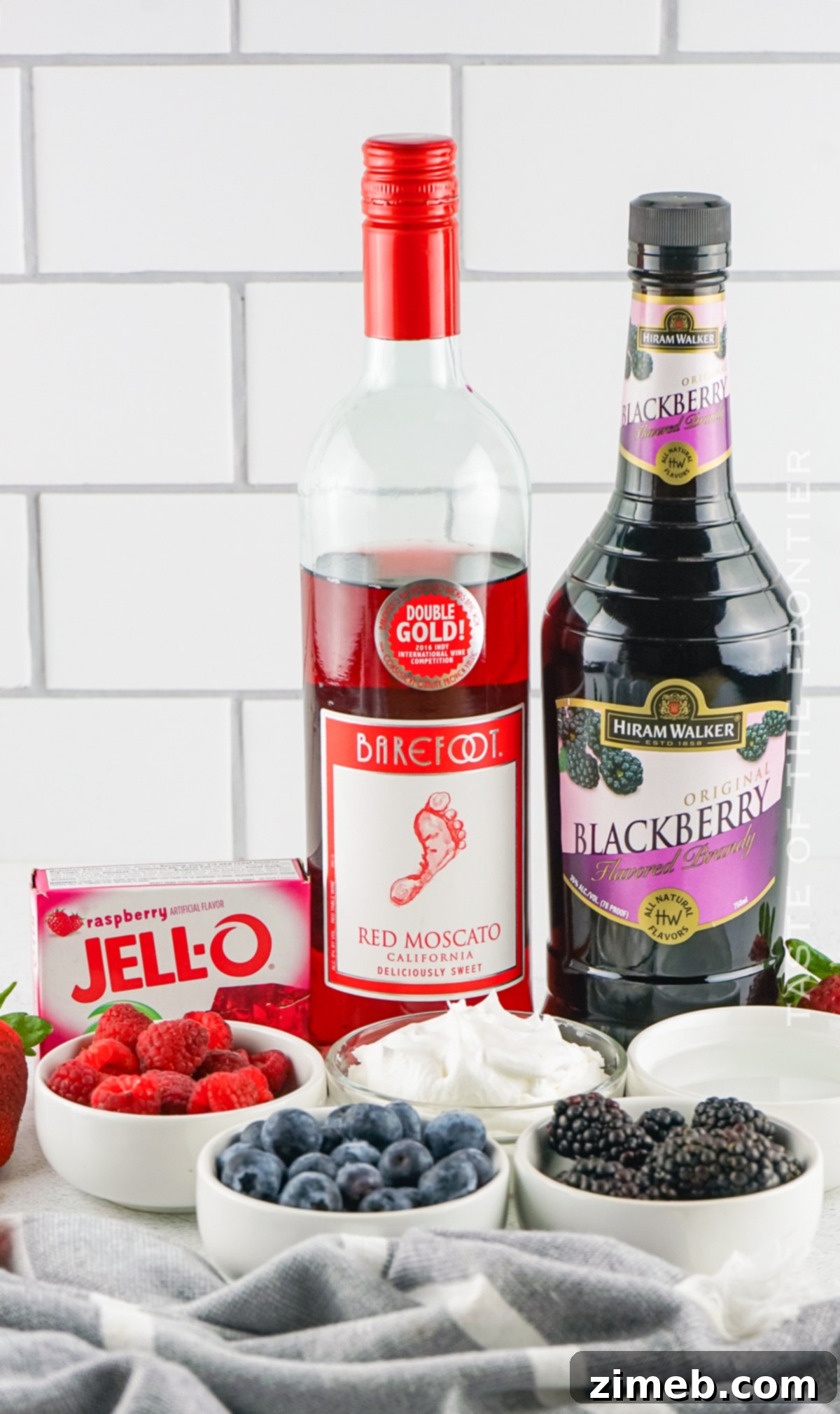 Red White And Boozy Jellies 5 Ingredients laid out for 4th of July Jello Shots
