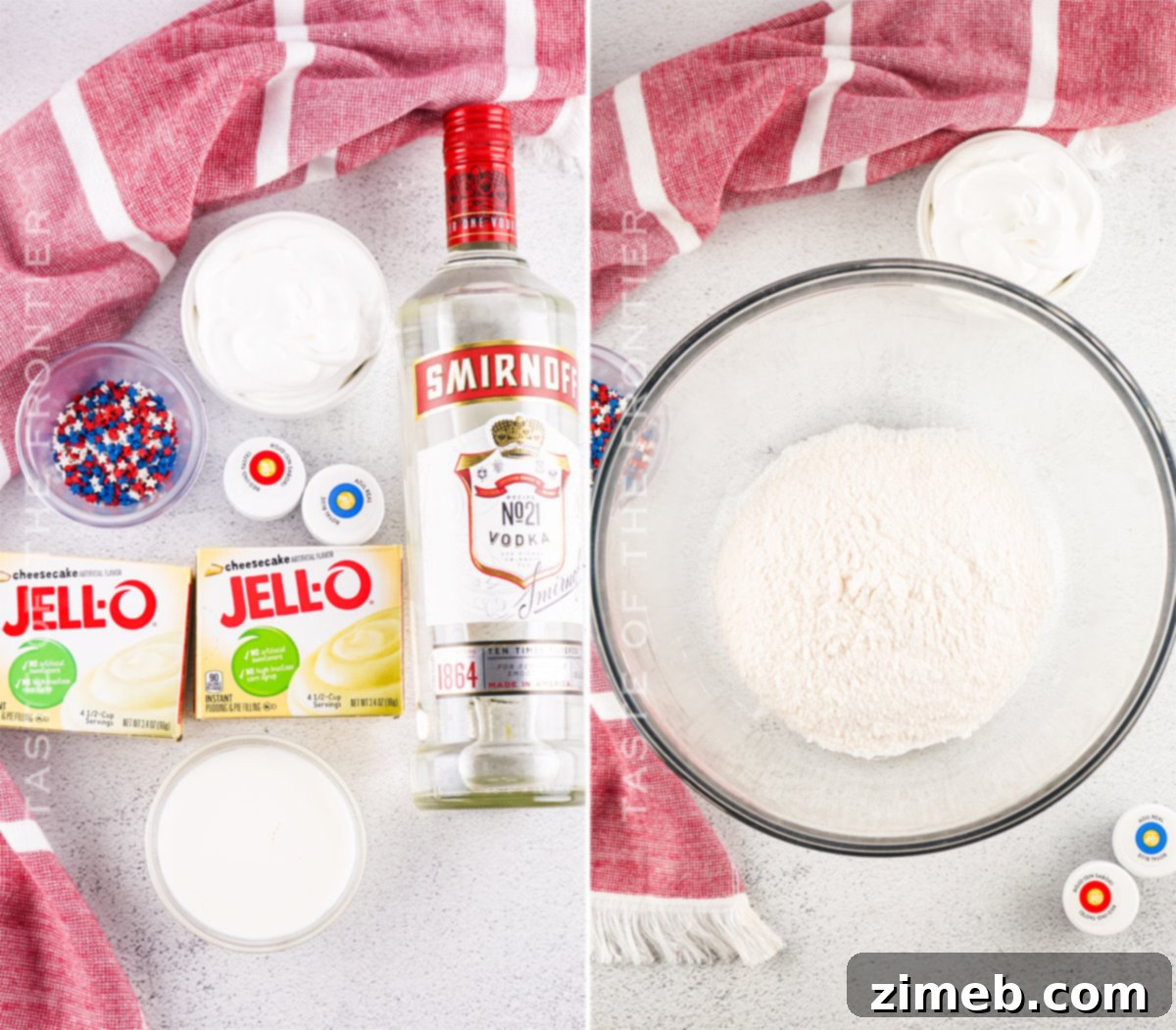 Boozy Pudding Delights 5 Ingredients laid out for making Pudding Shots with vodka, including instant cheesecake pudding, half and half, and food dyes.
