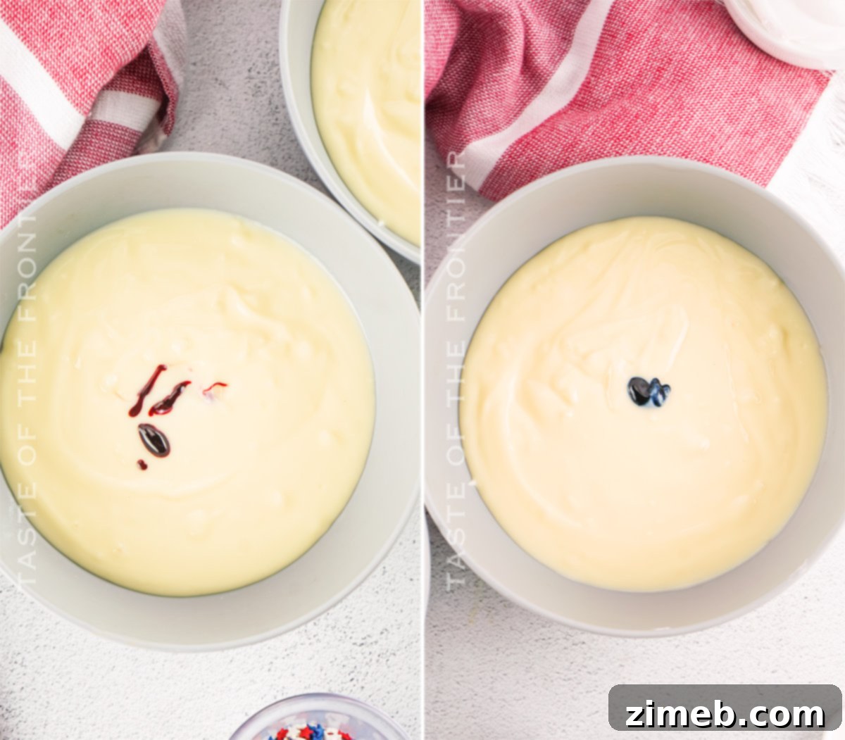 Boozy Pudding Delights 7 Process of tinting pudding with food coloring to create red, white, and blue layers for patriotic Pudding Shots.