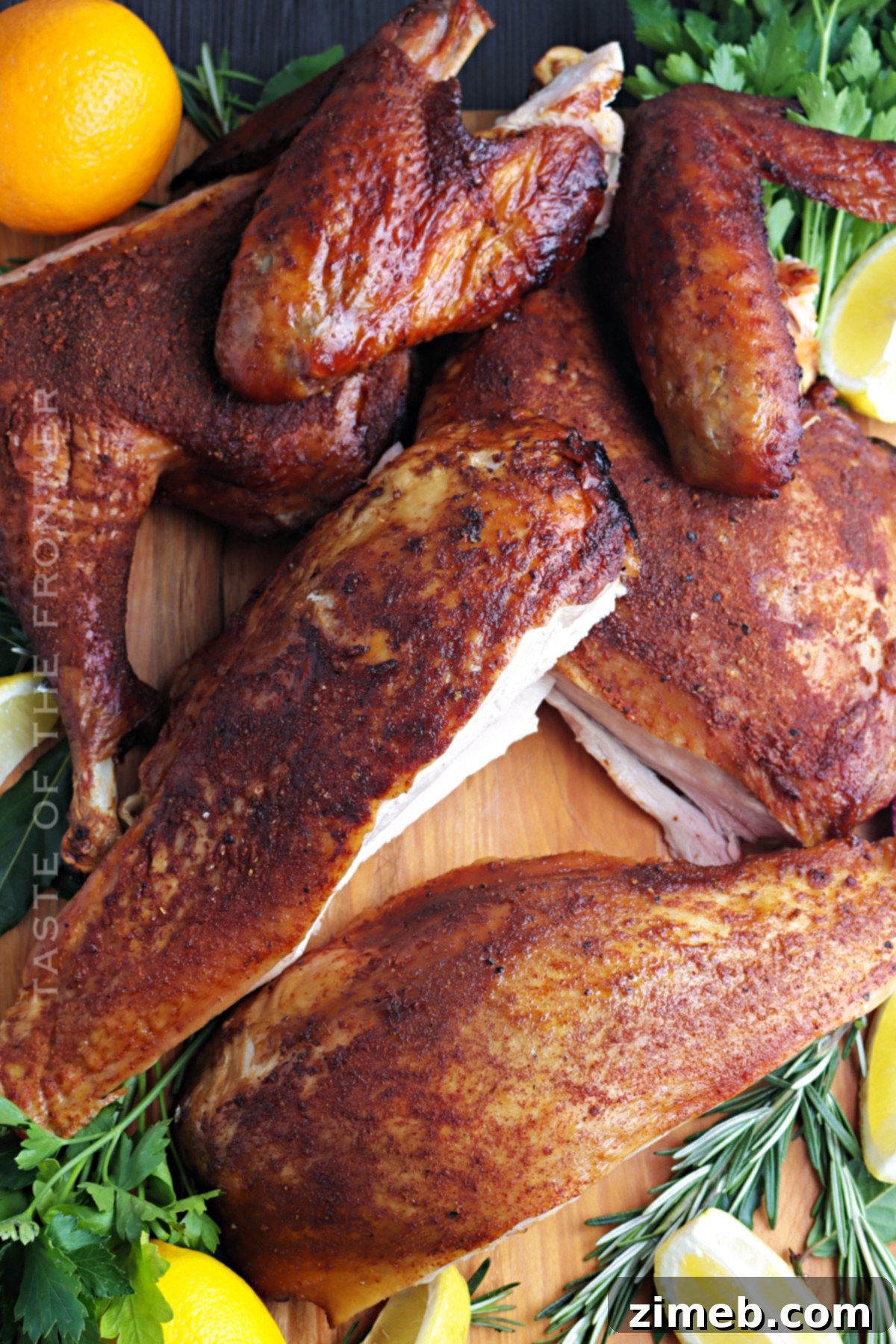 The Signature Smoked Spatchcock Turkey 23 Holiday turkey smoked on a Traeger grill, ready for carving