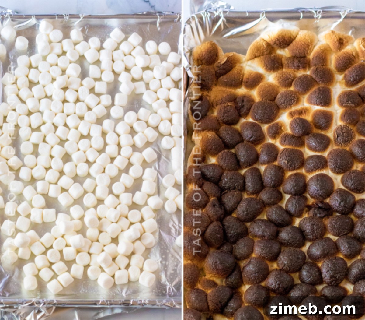 S'mores Cake 7 Mini marshmallows toasting under the broiler for S'mores Cake frosting