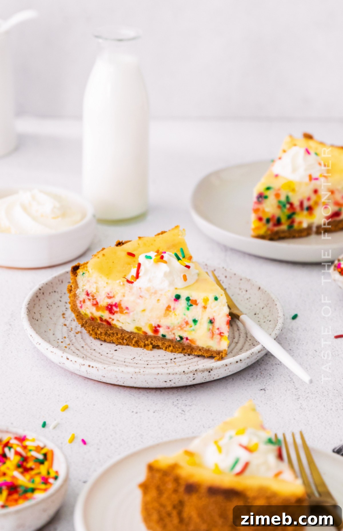 Birthday Bliss Cheesecake 19 A festive cake adorned with colorful sprinkles, signifying a party or celebration.
