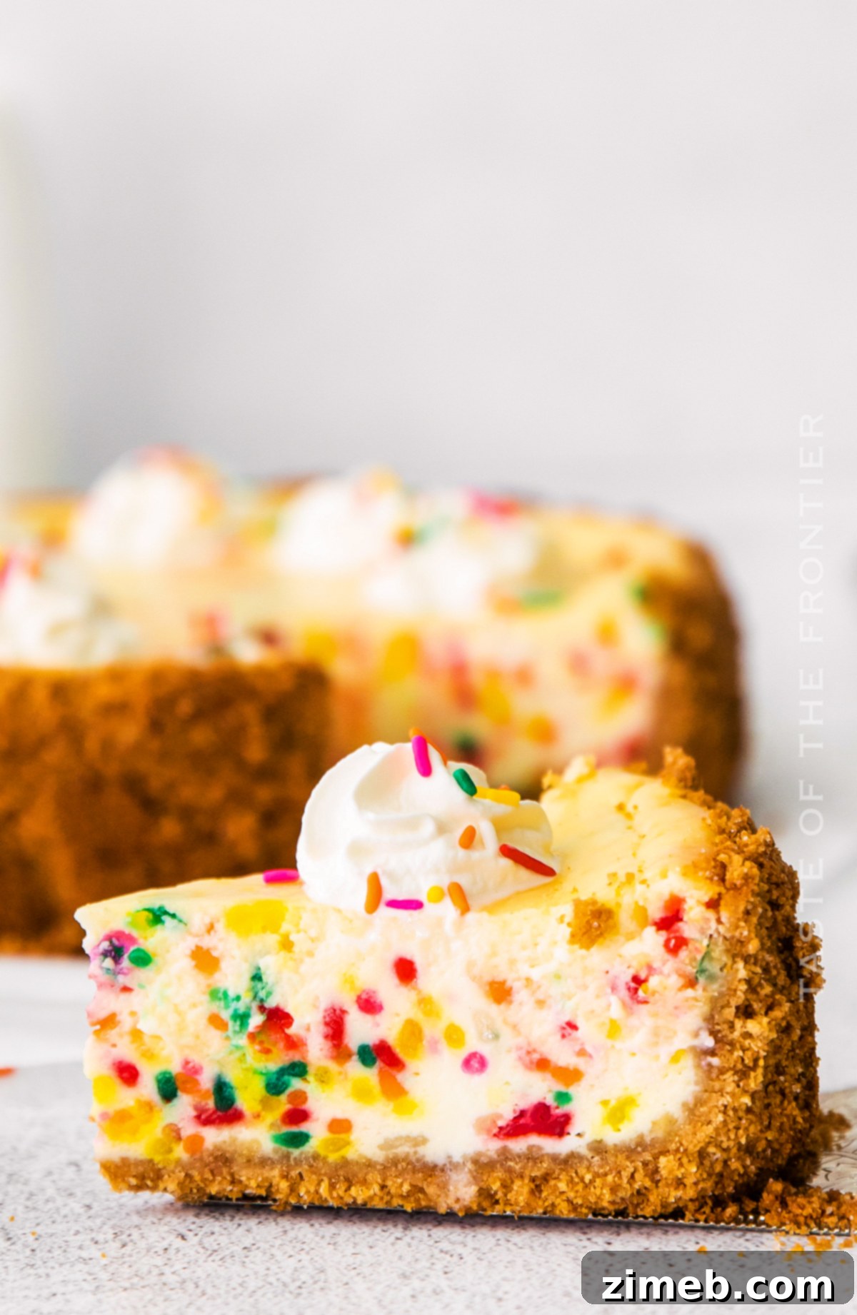 Birthday Bliss Cheesecake 4 A stunning Funfetti Cheesecake, topped with whipped cream and extra sprinkles, ready for a party.