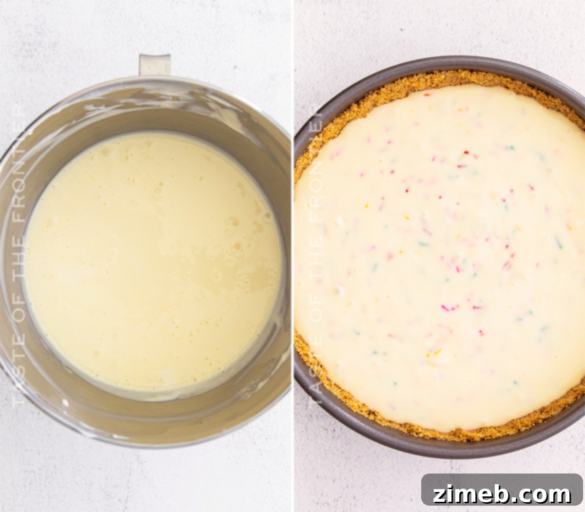 Birthday Bliss Cheesecake 7 Mixing the creamy cheesecake filling with a stand mixer, showing its smooth consistency before adding sprinkles.