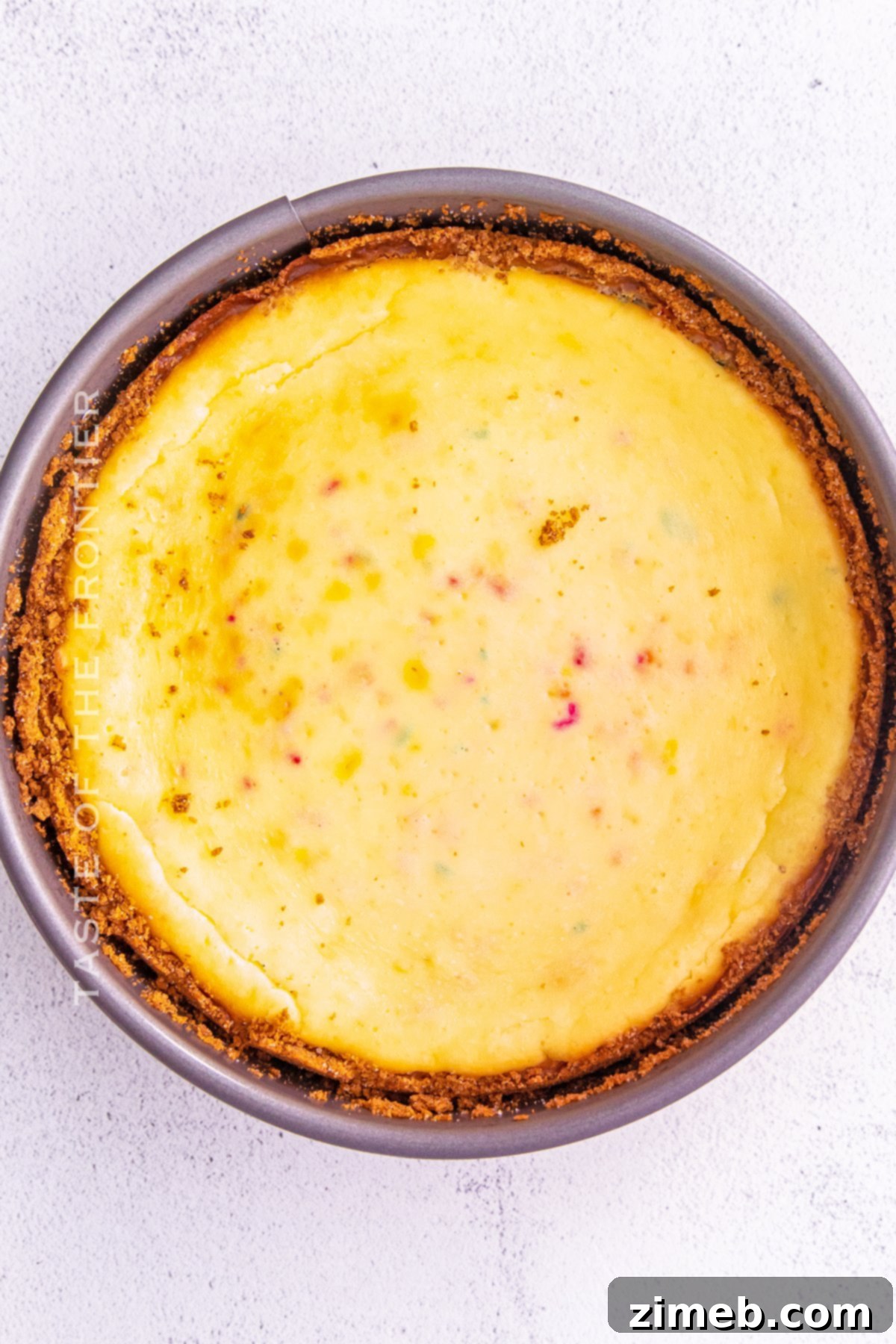Birthday Bliss Cheesecake 8 A baked Funfetti Cheesecake, just out of the oven, with a golden-brown crust.