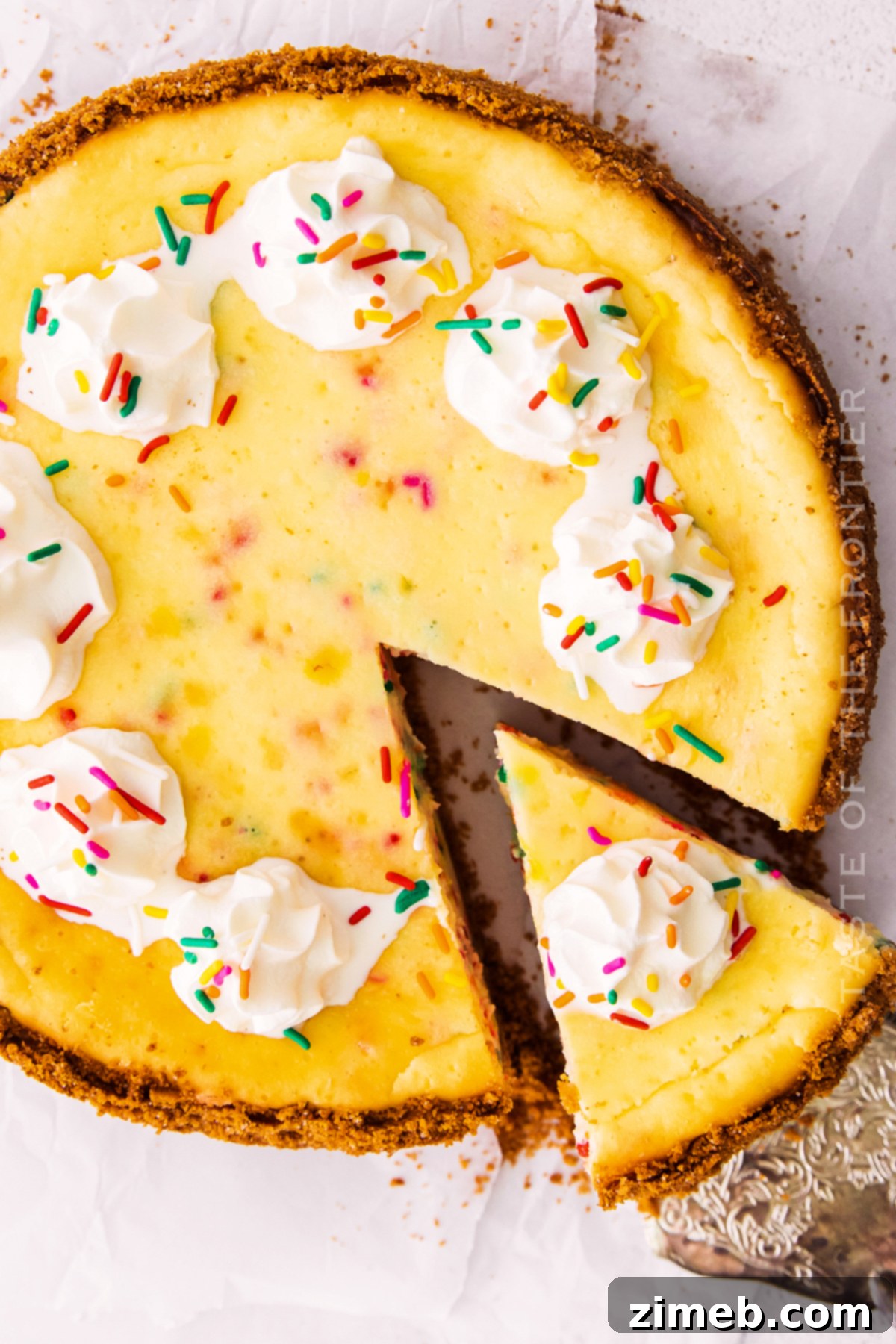 Birthday Bliss Cheesecake 9 A festive celebration cheesecake adorned with colorful sprinkles, sliced and ready to serve.