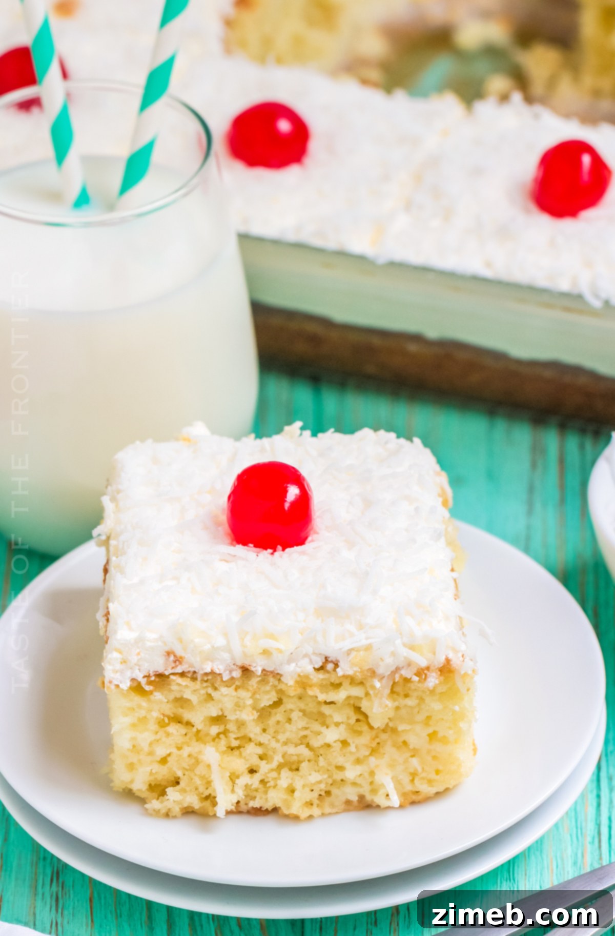A beautiful overview of the finished Coconut Poke Cake recipe.