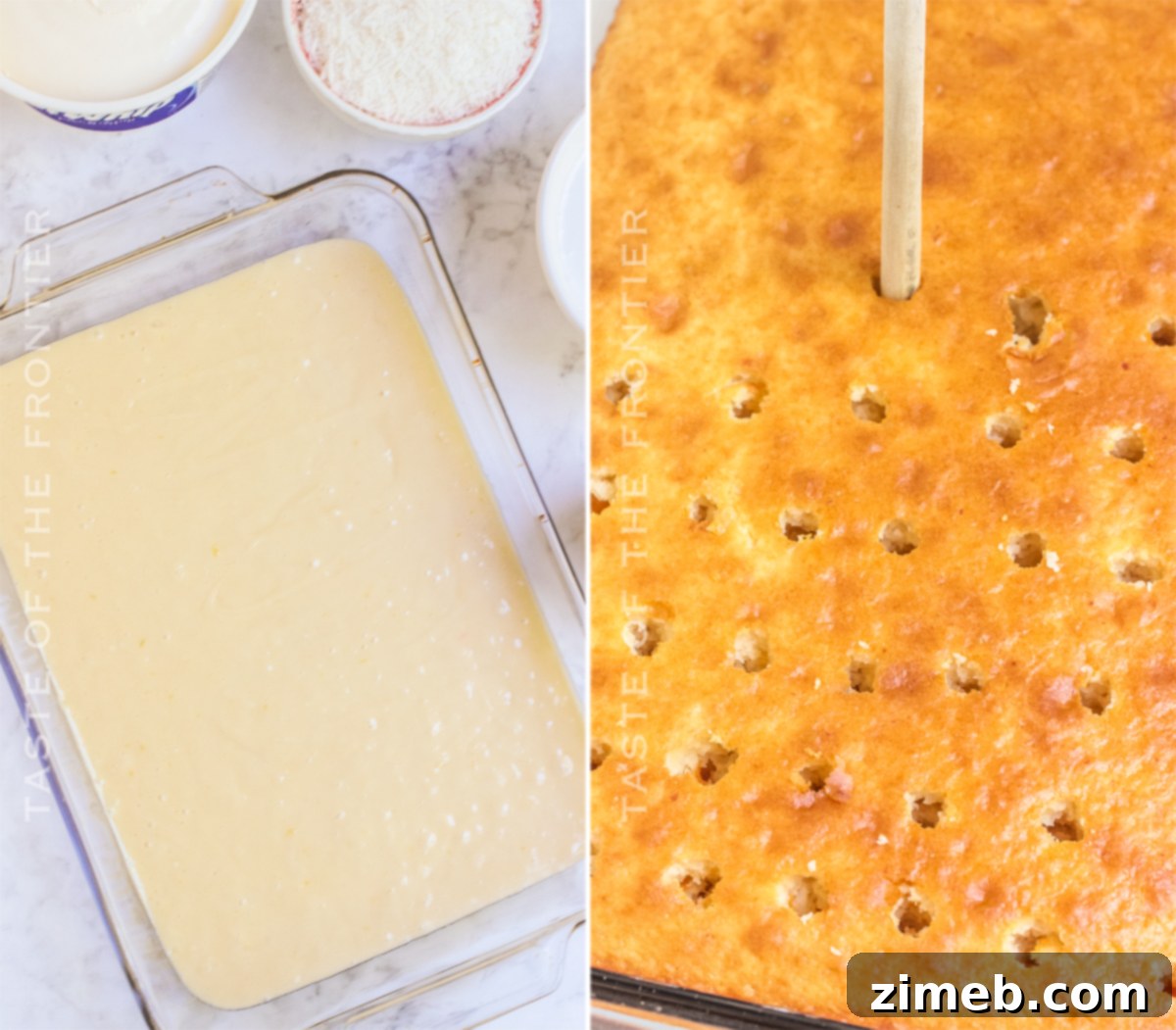 Steps on how to make a delicious Coconut Poke Cake, showing the filling process.