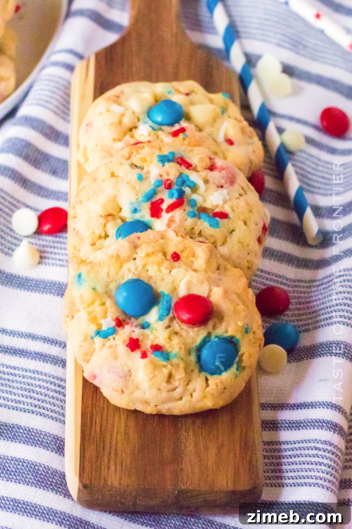 Marshmallow Crunch Cookies 4 Patriotic Rice Krispie Cookies with red, white, and blue M&Ms