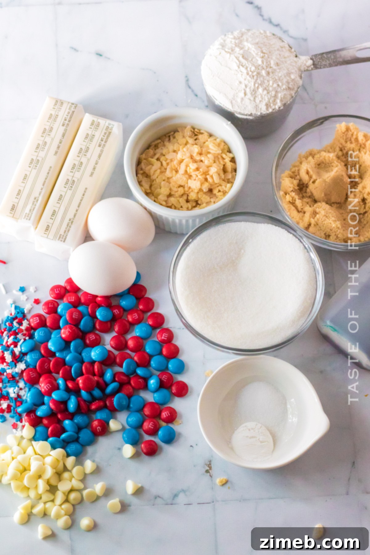 Marshmallow Crunch Cookies 5 Ingredients for making Rice Krispie Cookies laid out